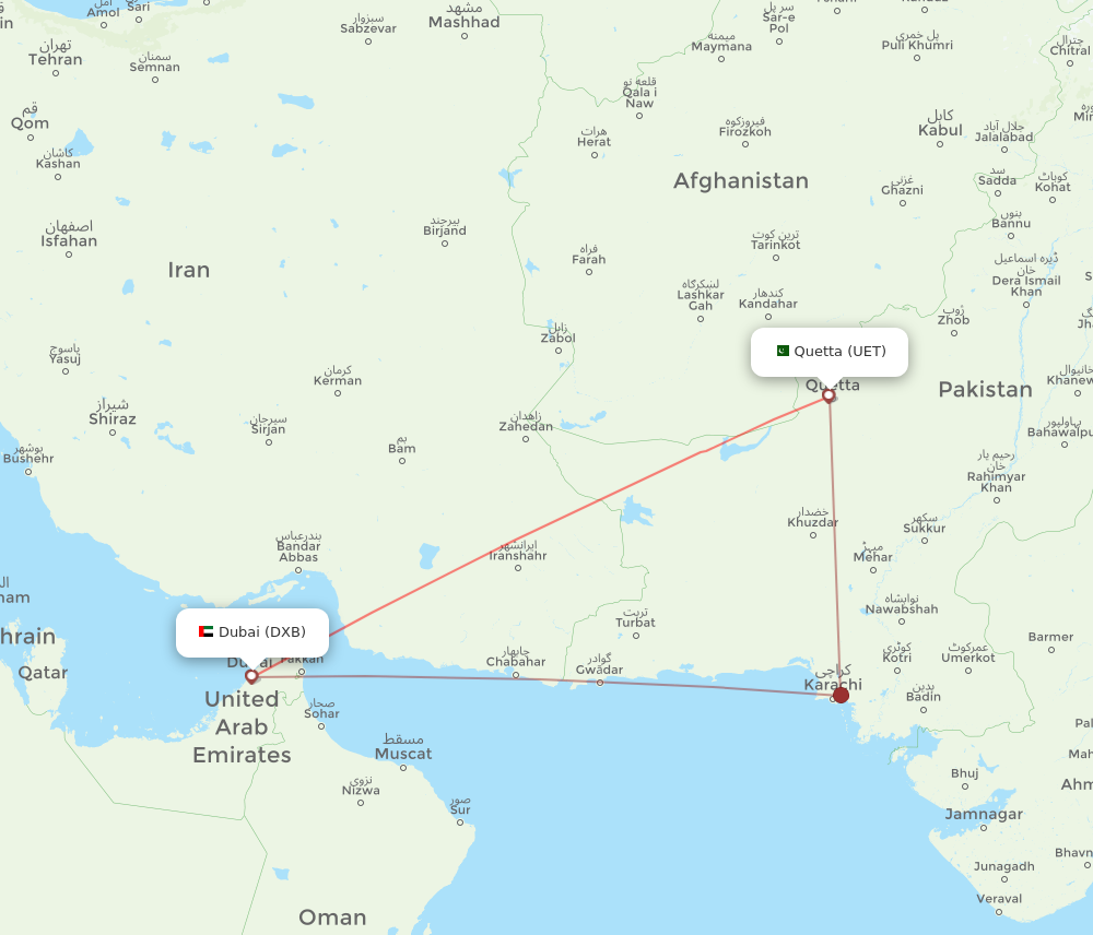 DXB to UET flights and routes map