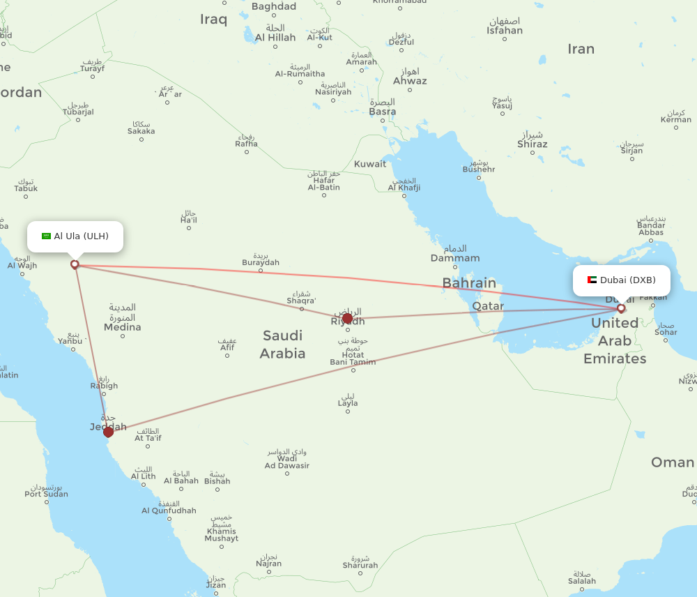 DXB to ULH flights and routes map