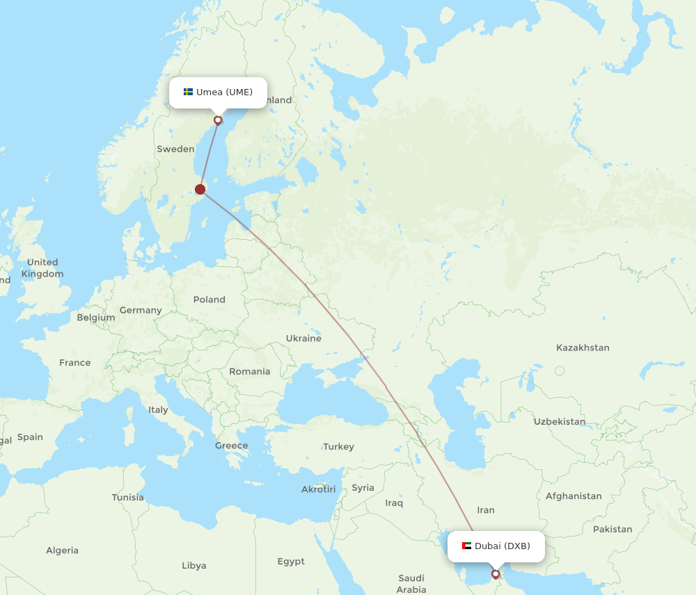 DXB to UME flights and routes map