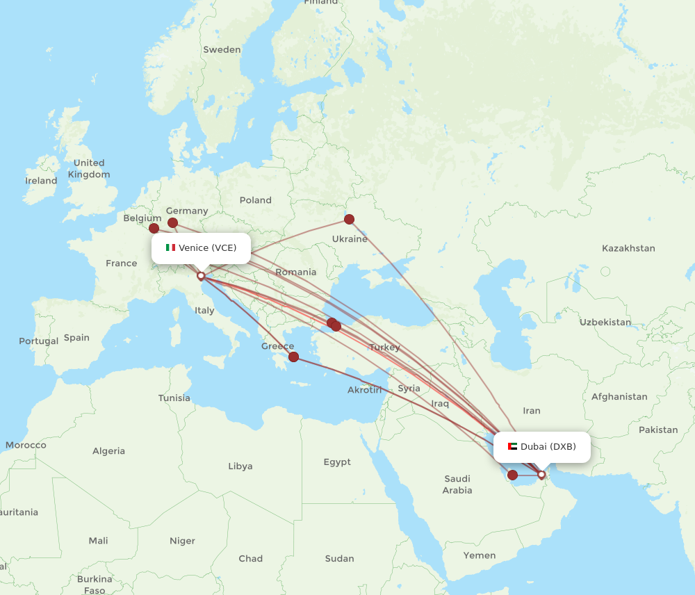 DXB to VCE flights and routes map