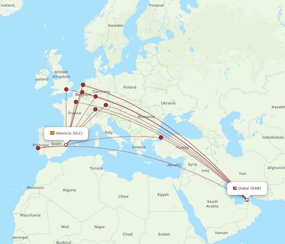 DXB to VLC flights and routes map
