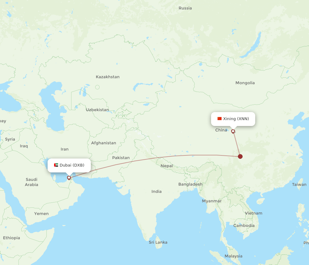 DXB to XNN flights and routes map