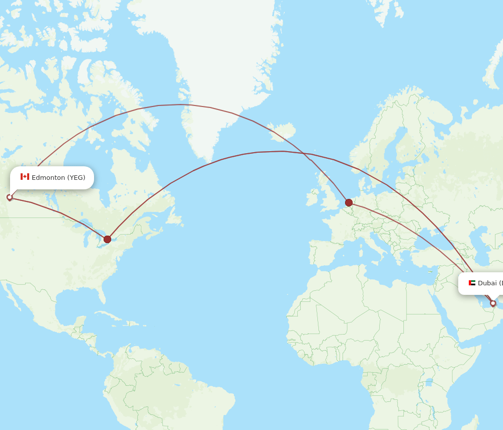 DXB to YEG flights and routes map