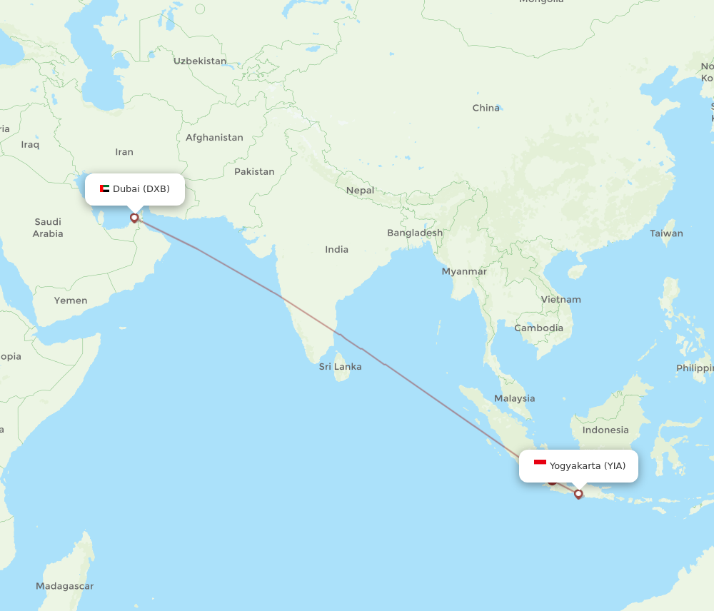 DXB to YIA flights and routes map