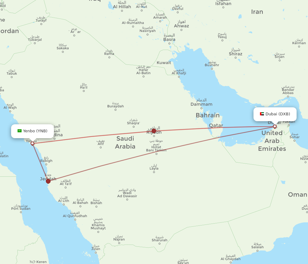 DXB to YNB flights and routes map