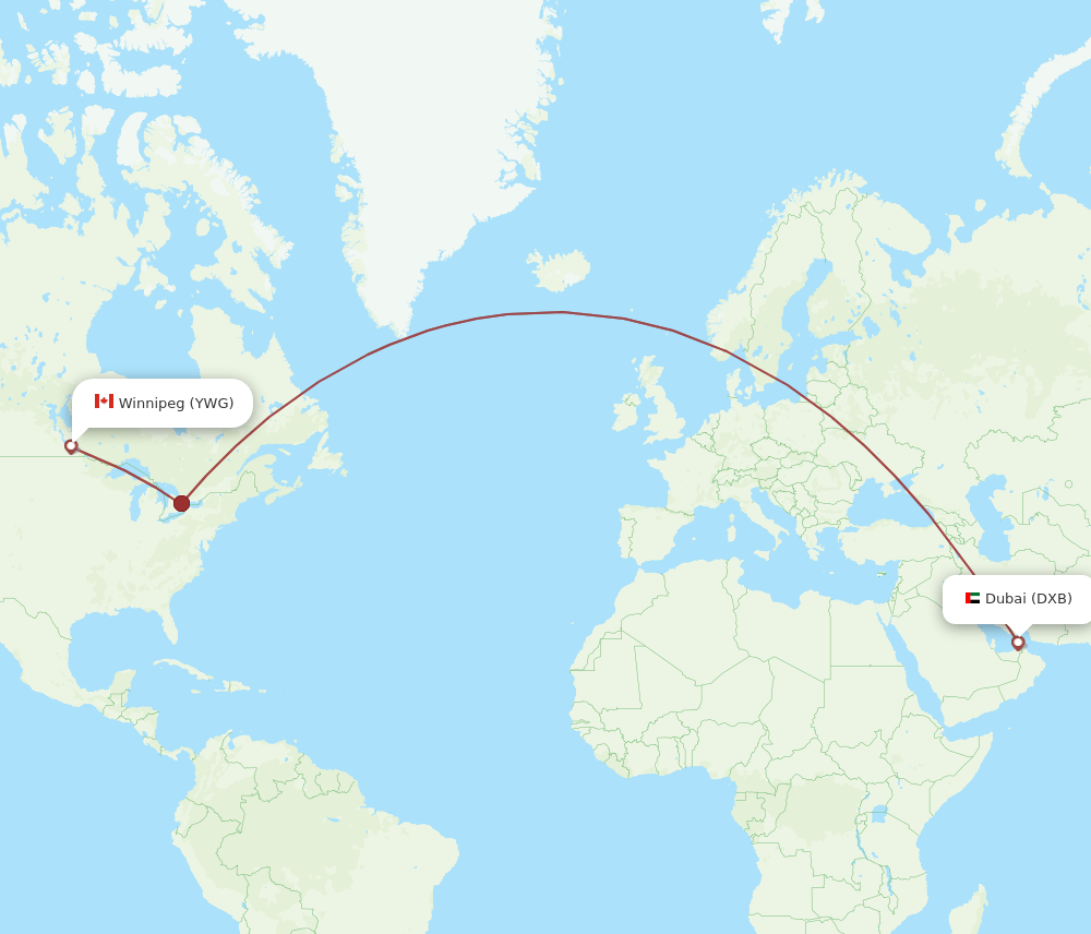 DXB to YWG flights and routes map