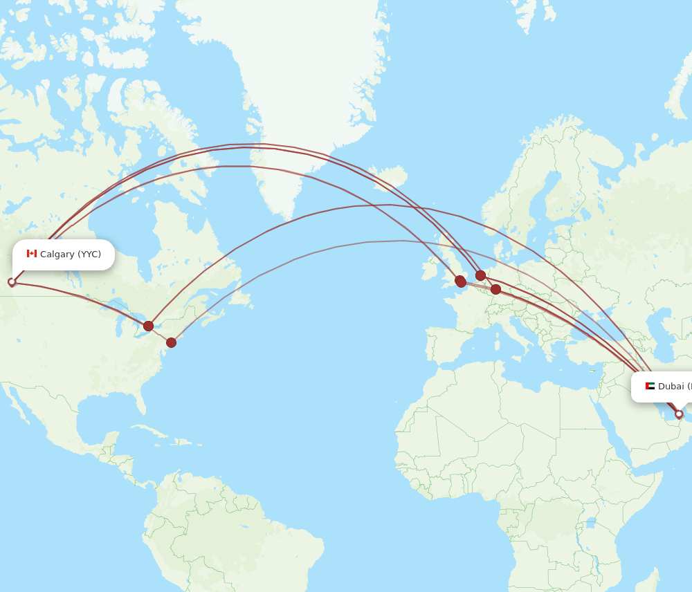 Calgary - Dubai route map and flight paths