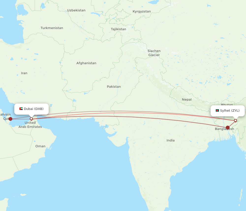 DXB-ZYL flight routes