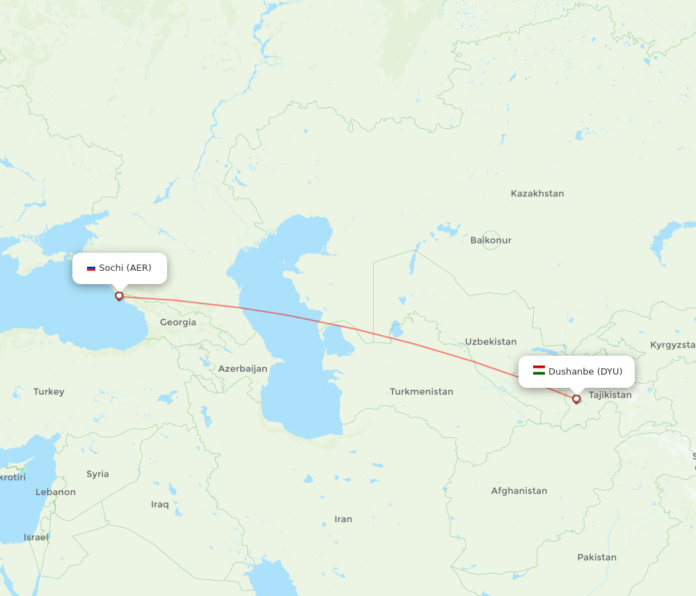Dushanbe - Adler/Sochi route map and flight paths