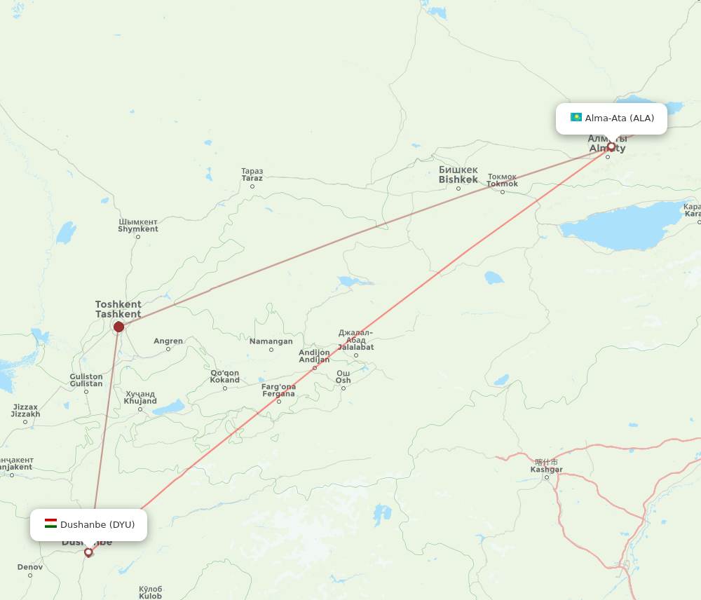 Dushanbe - Almaty route map and flight paths