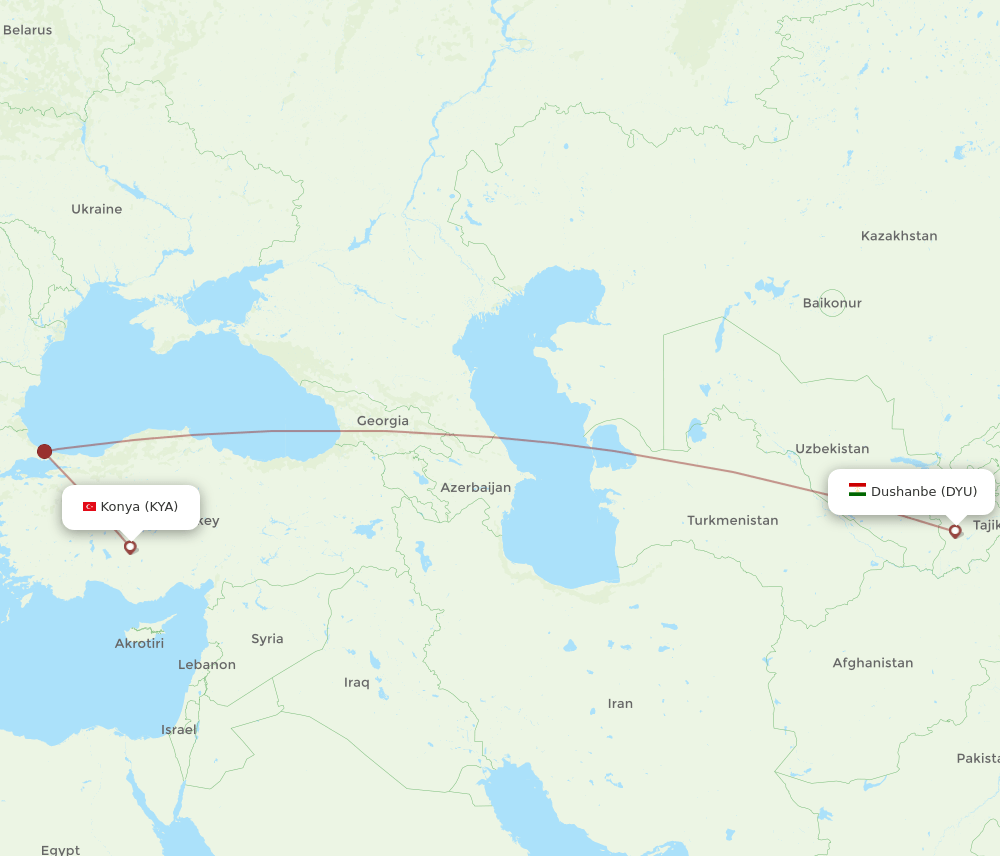 Konya - Dushanbe route map and flight paths