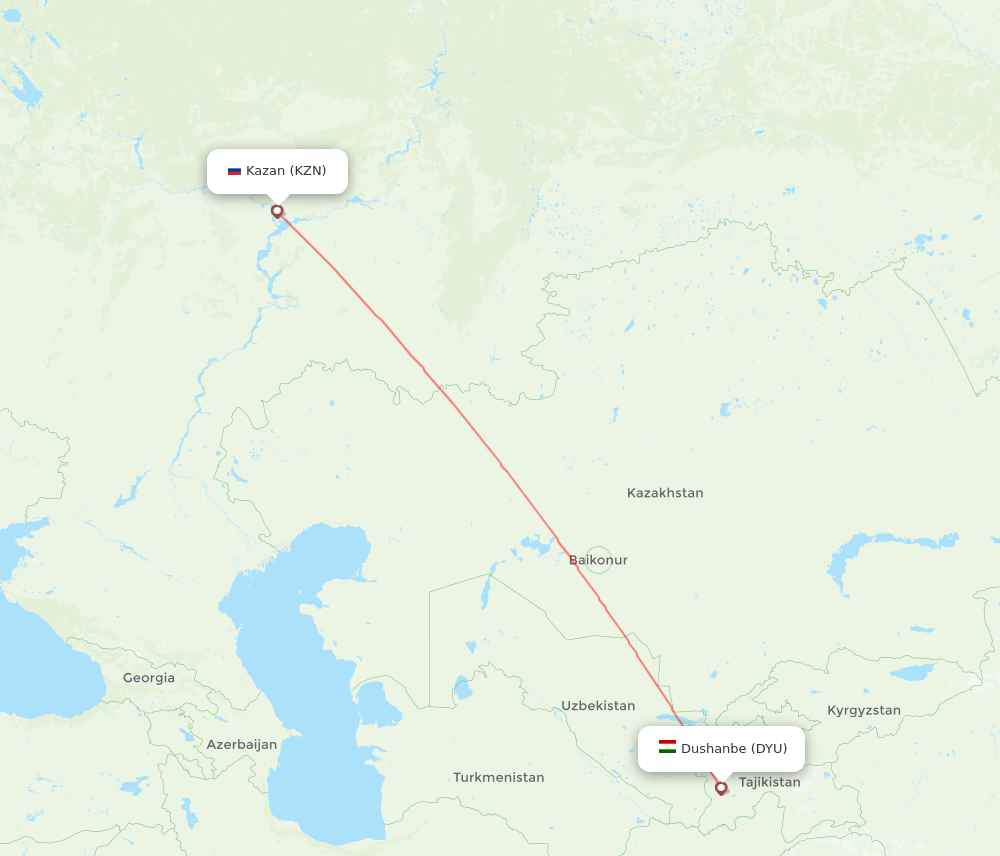 Dushanbe - Kazan route map and flight paths