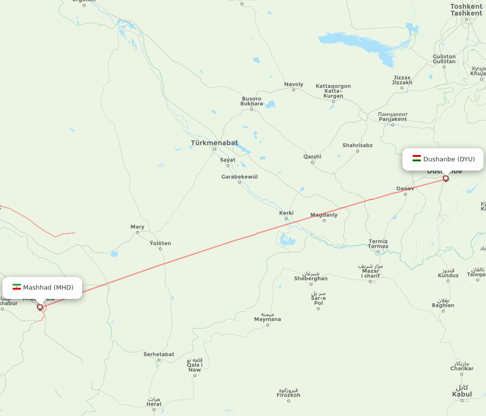 Dushanbe - Mashad route map and flight paths