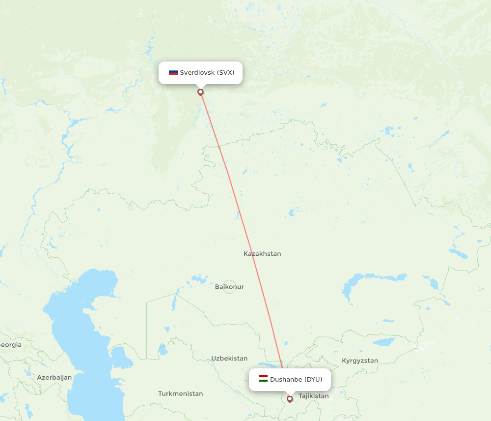 Dushanbe - Yekaterinburg route map and flight paths