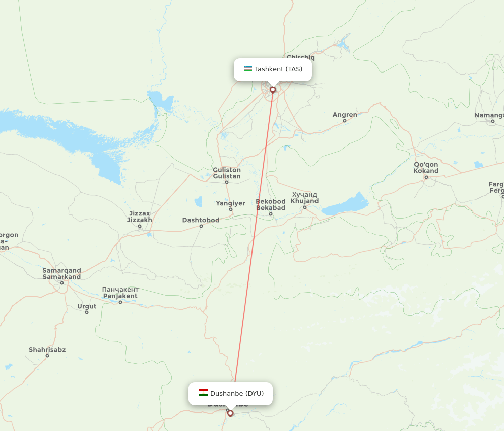 Tashkent - Dushanbe route map and flight paths