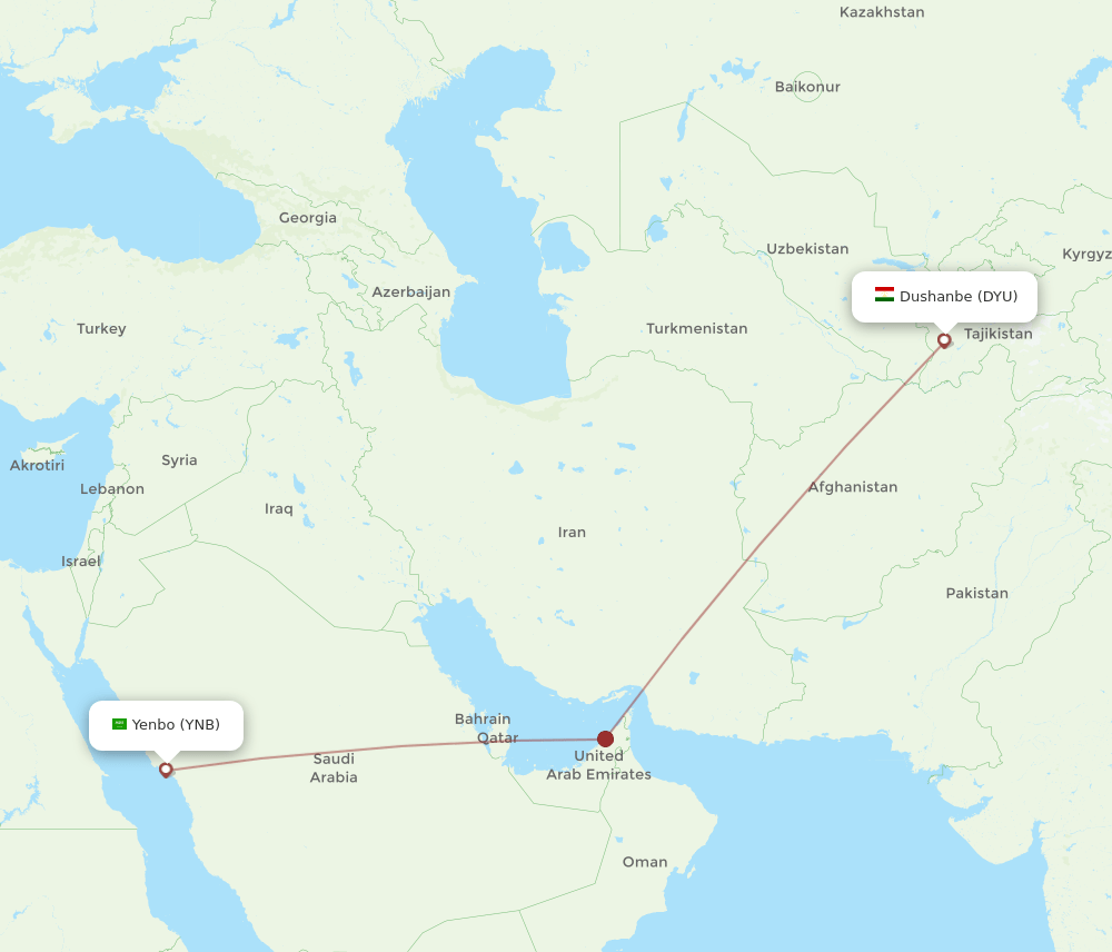 Yanbu - Dushanbe route map and flight paths