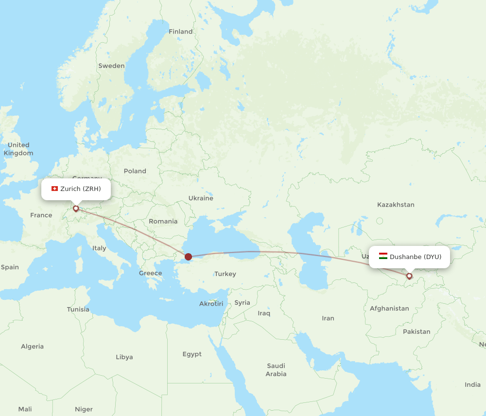 Zurich - Dushanbe route map and flight paths