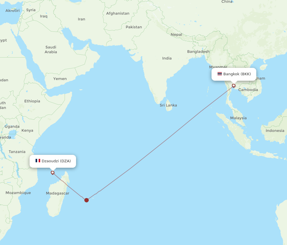 Dzaoudzi - Bangkok route map and flight paths