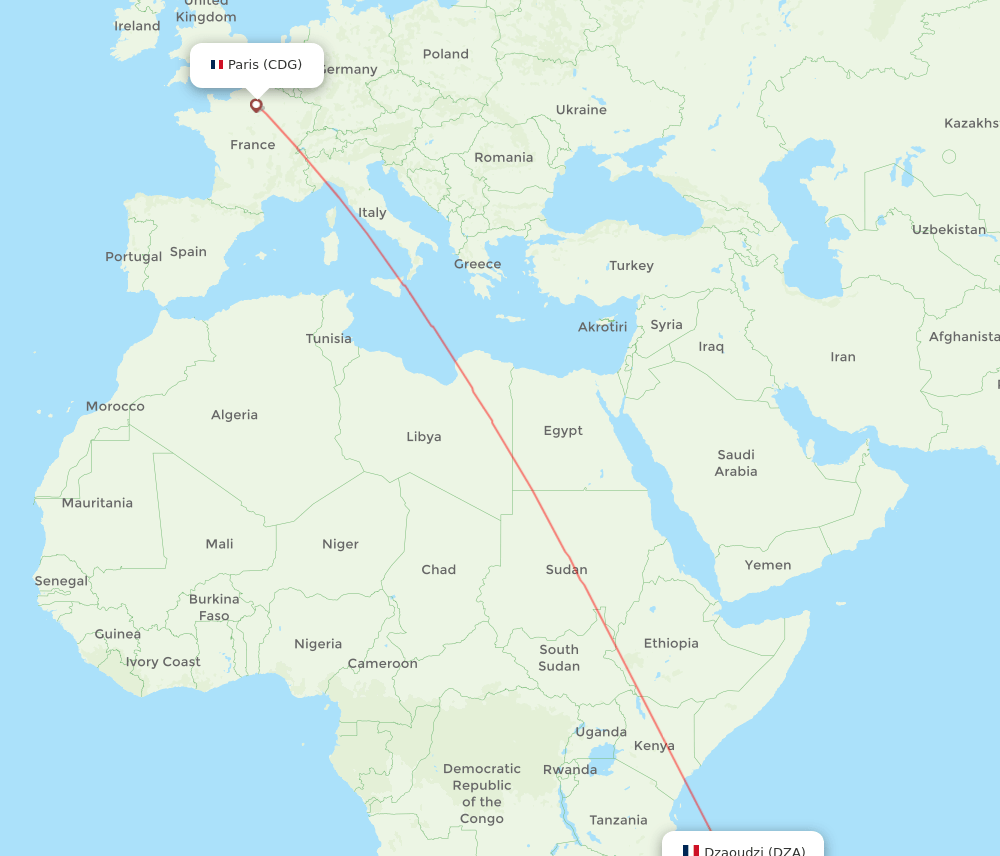 DZA to CDG flights and routes map