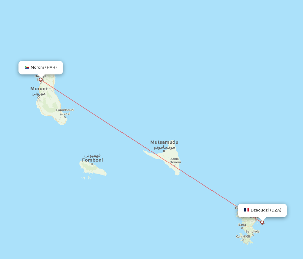 Dzaoudzi - Moroni route map and flight paths