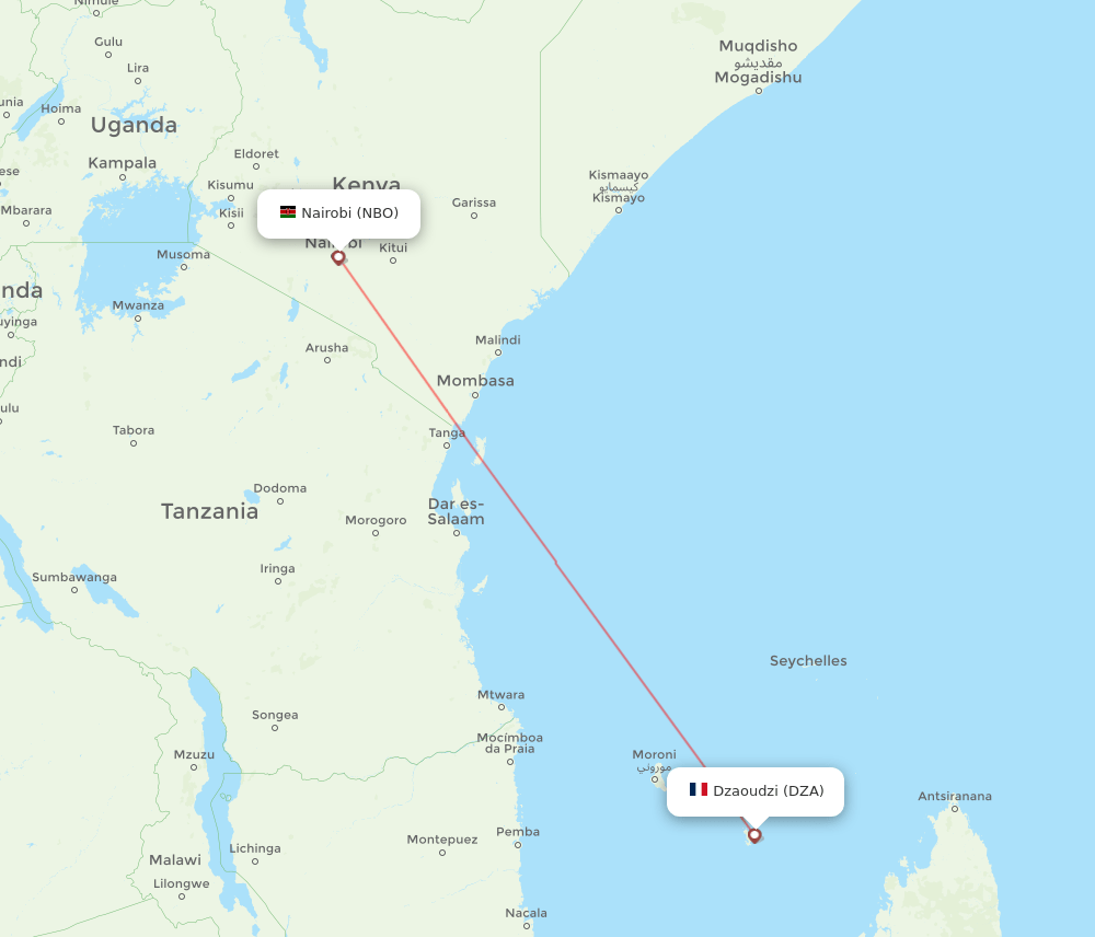 Dzaoudzi - Nairobi route map and flight paths