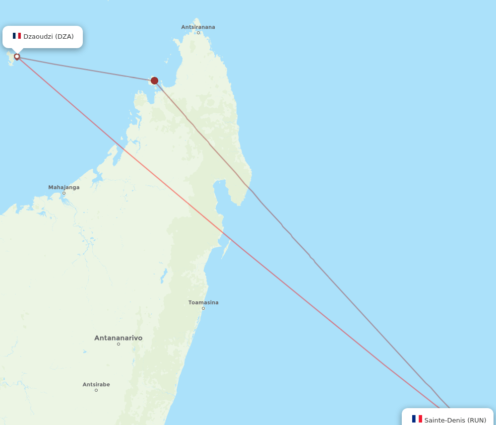 DZA to RUN flights and routes map