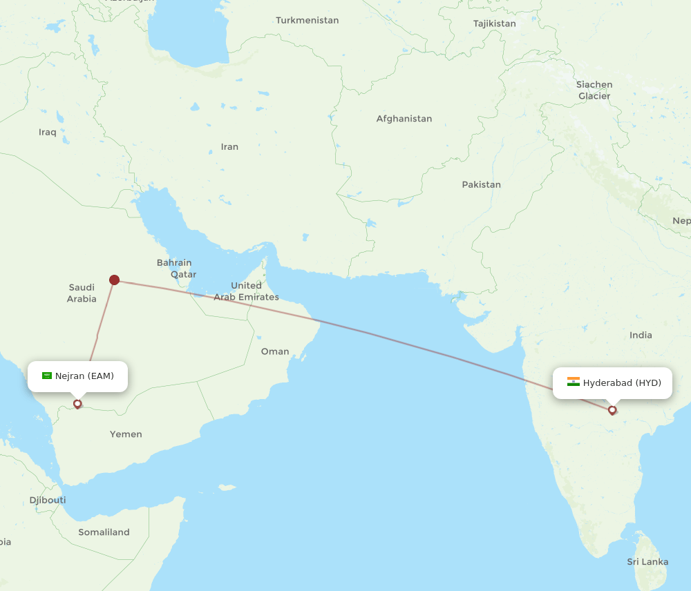 Hyderabad - Nejran route map and flight paths