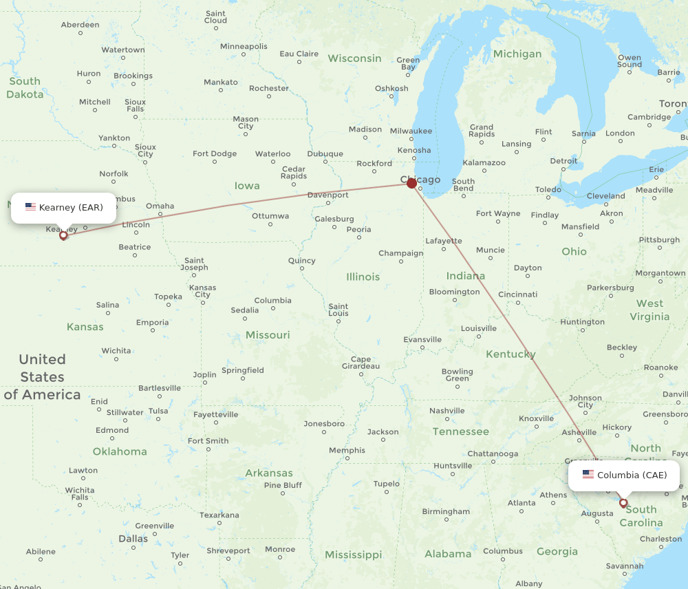 Kearney - Columbia route map and flight paths