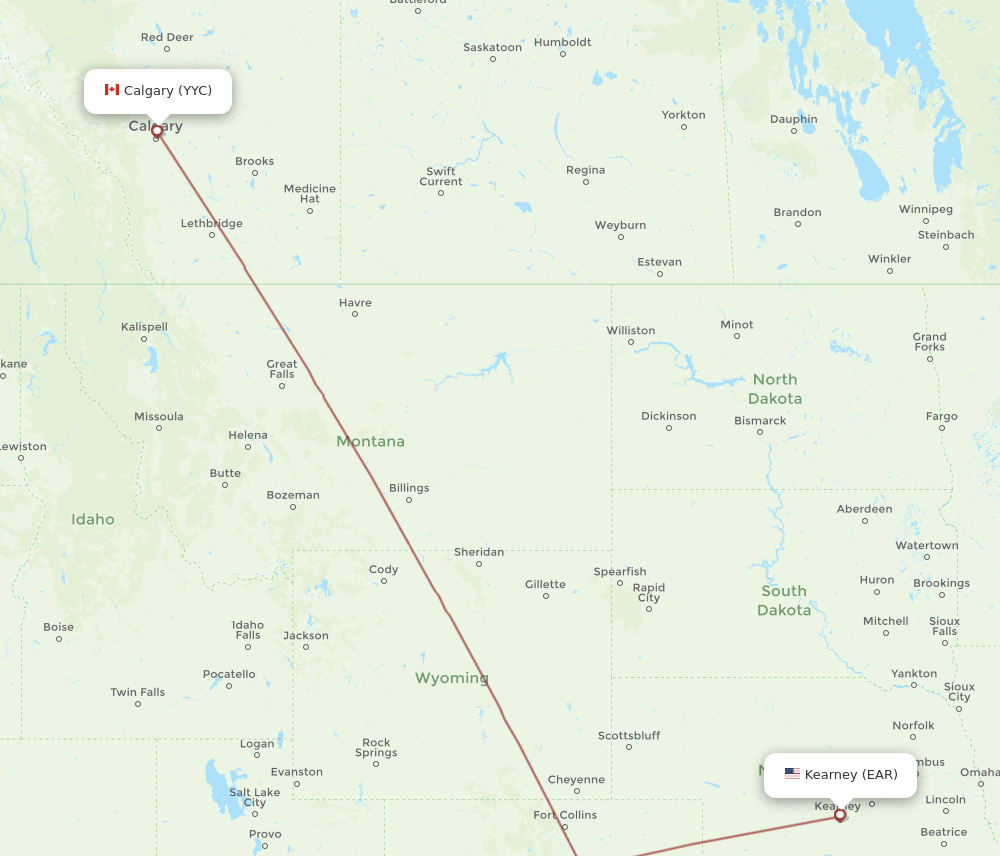 EAR to YYC flights and routes map