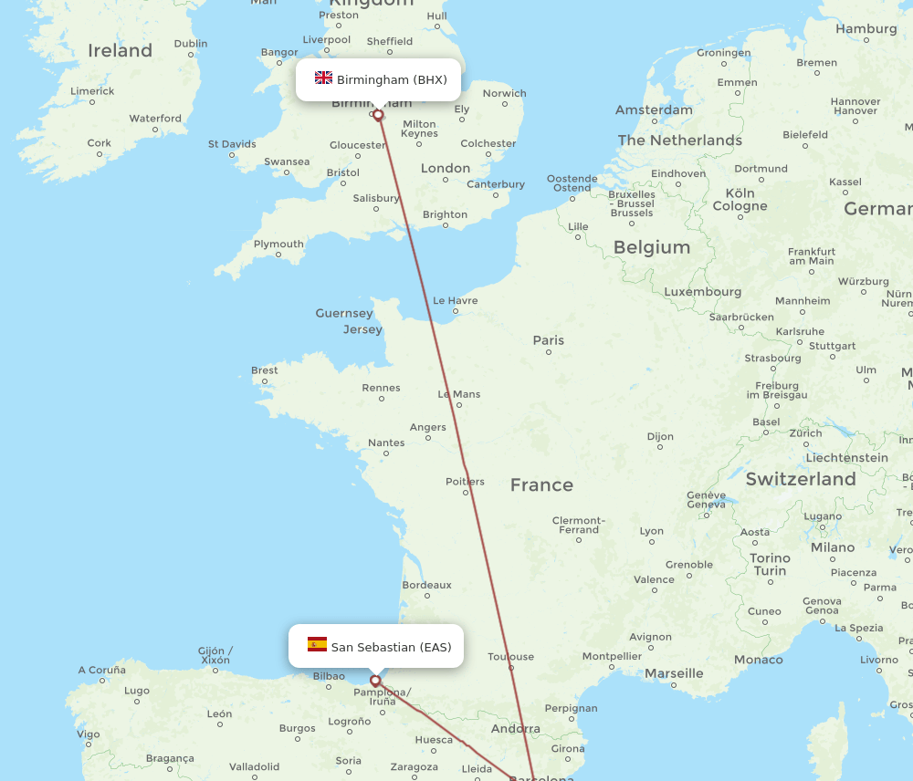Birmingham - San Sebastian route map and flight paths