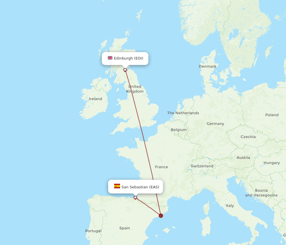 Edinburgh - San Sebastian route map and flight paths