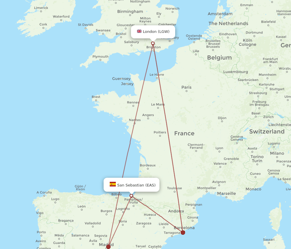 EAS to LGW flights and routes map