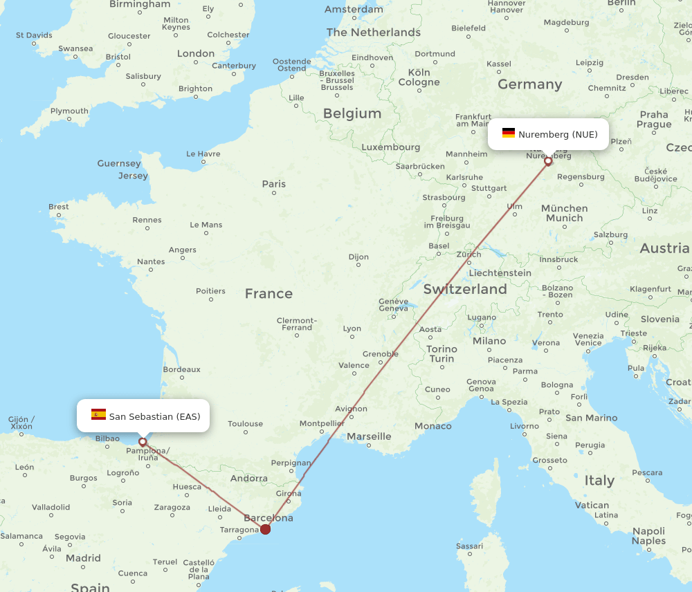 San Sebastian - Nuremberg route map and flight paths
