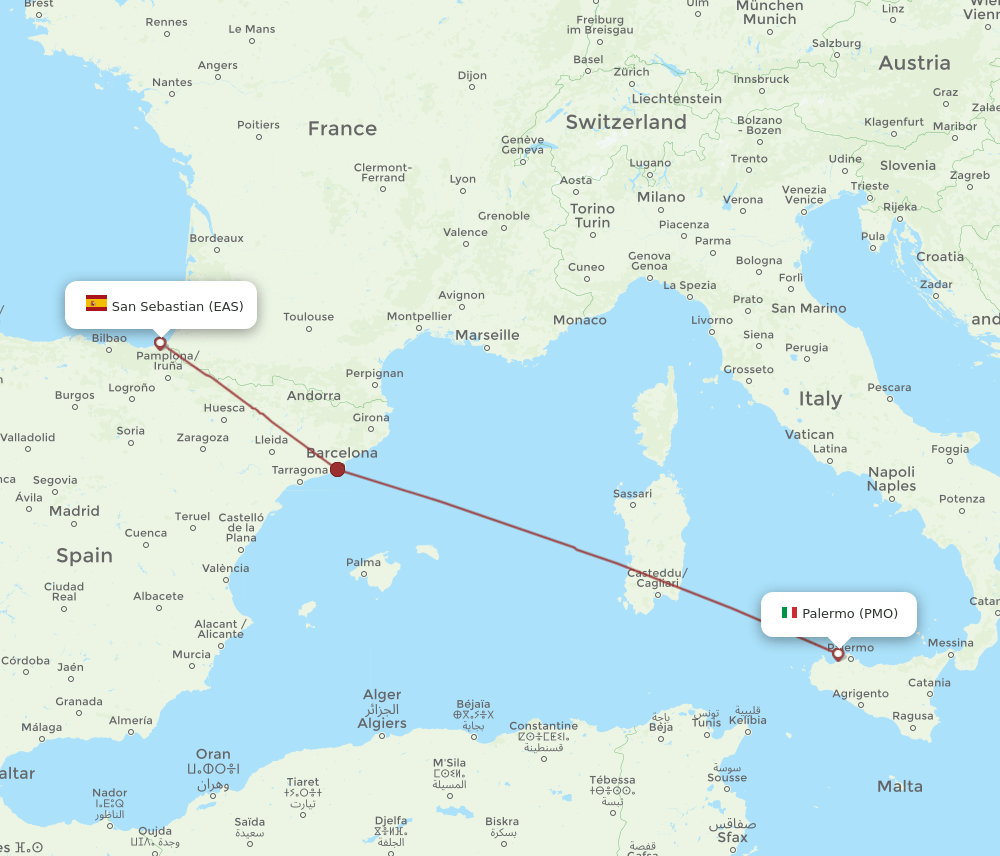 Palermo - San Sebastian route map and flight paths