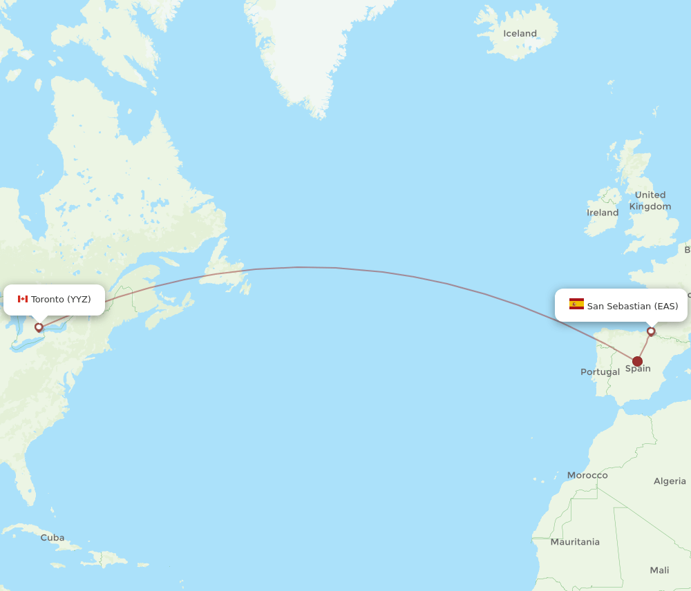Toronto - San Sebastian route map and flight paths