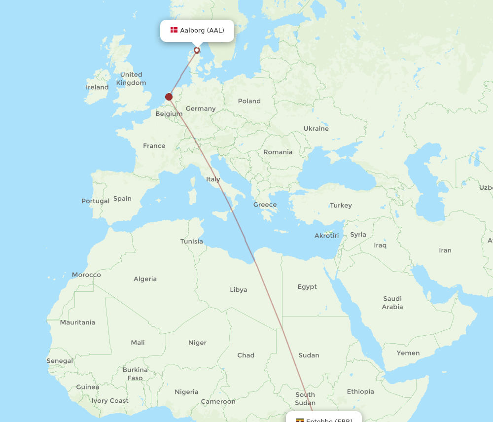 EBB to AAL flights and routes map
