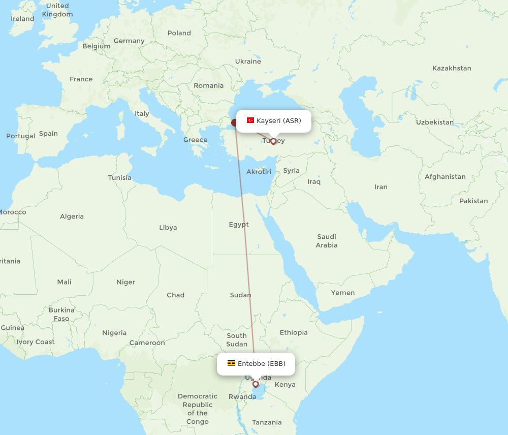 Kayseri - Entebbe route map and flight paths