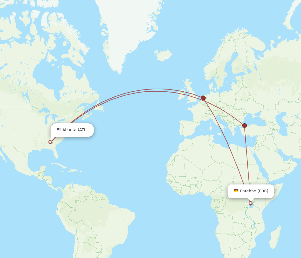 Atlanta - Entebbe route map and flight paths