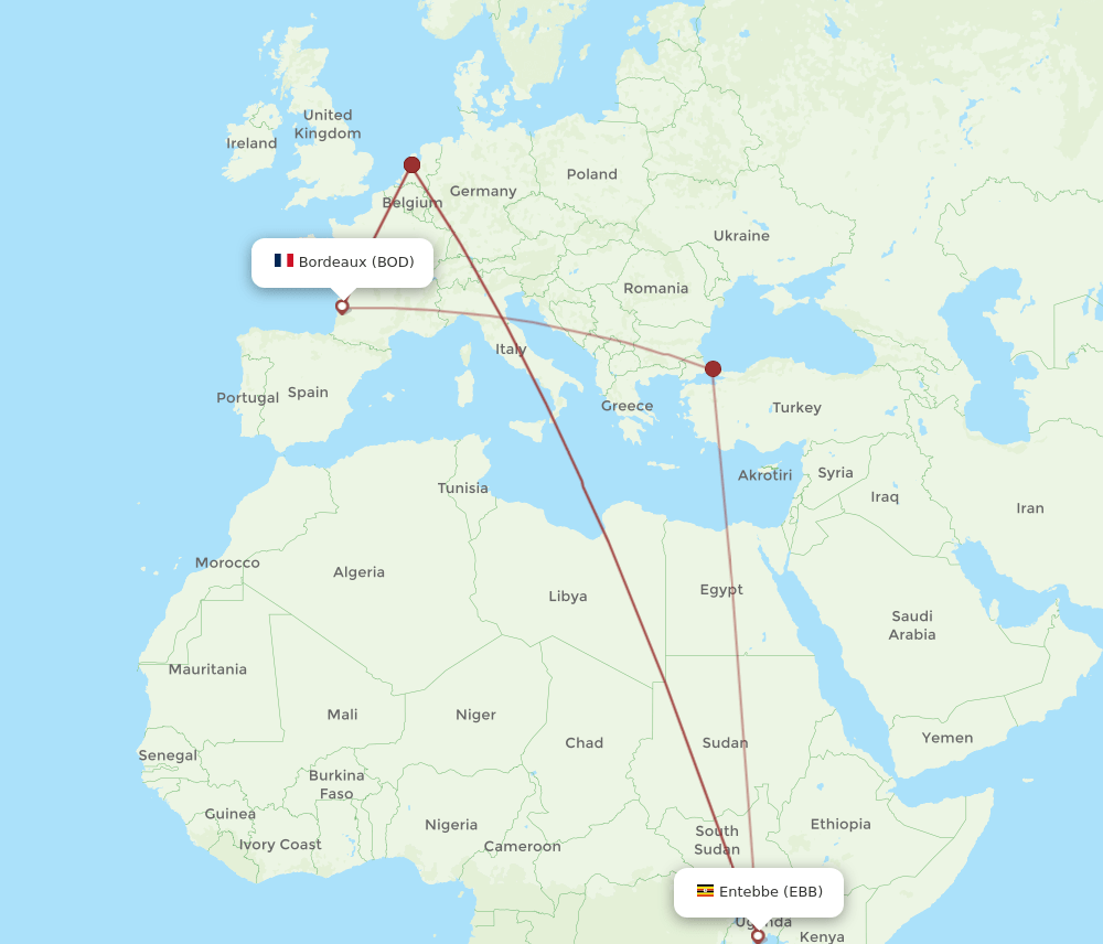 EBB-BOD flight routes