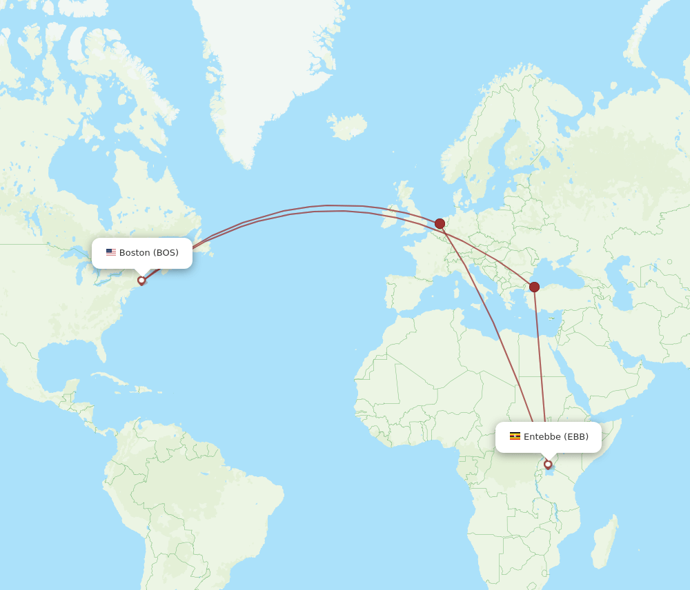 Boston - Entebbe route map and flight paths