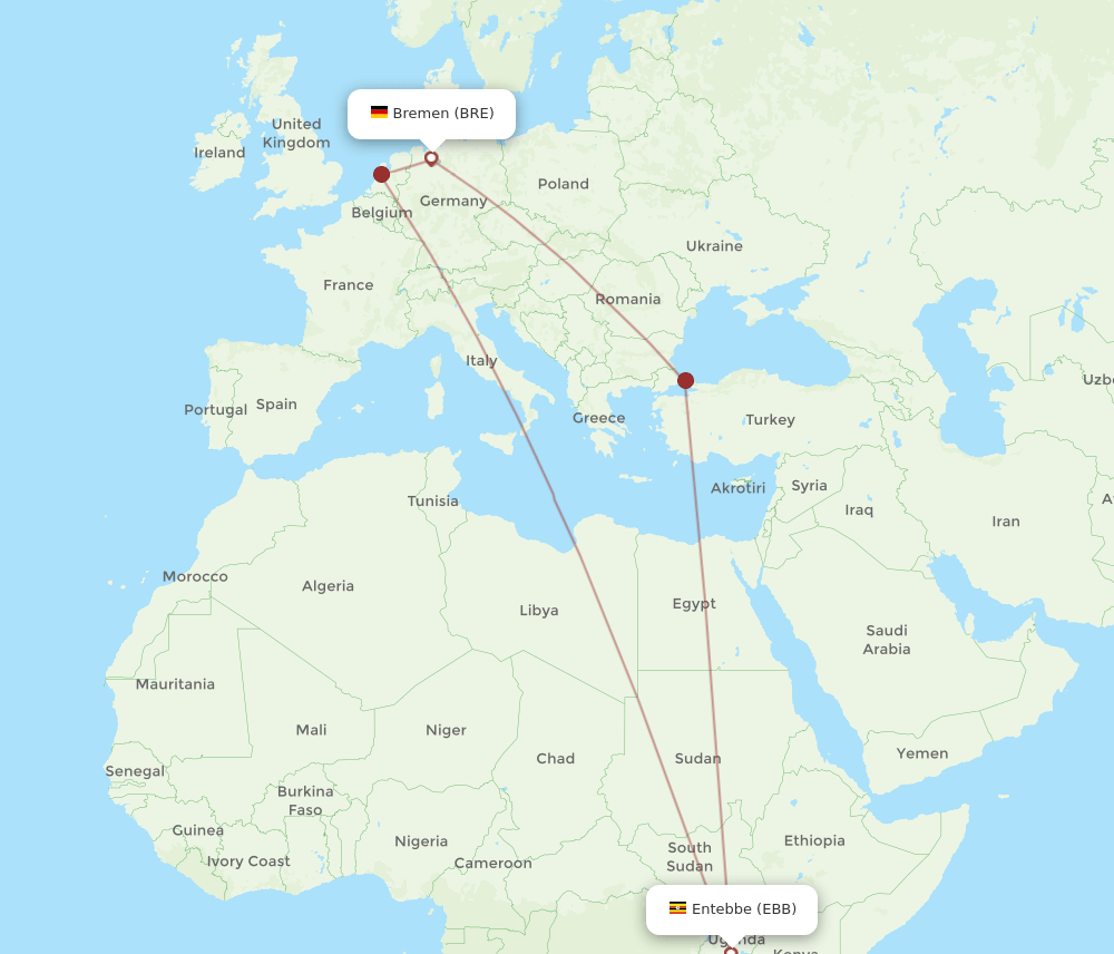 Bremen - Entebbe route map and flight paths