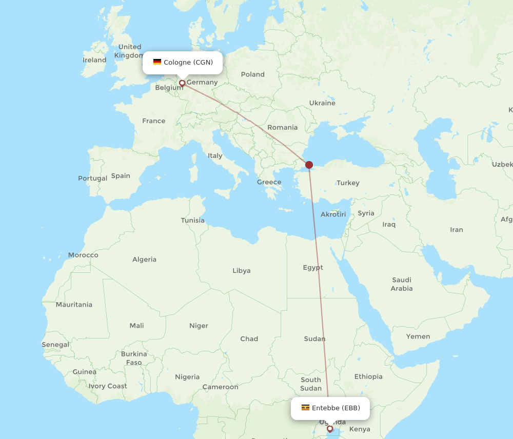 Cologne - Entebbe route map and flight paths