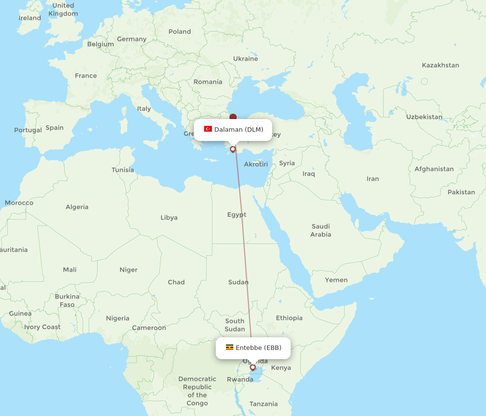 Dalaman - Entebbe route map and flight paths