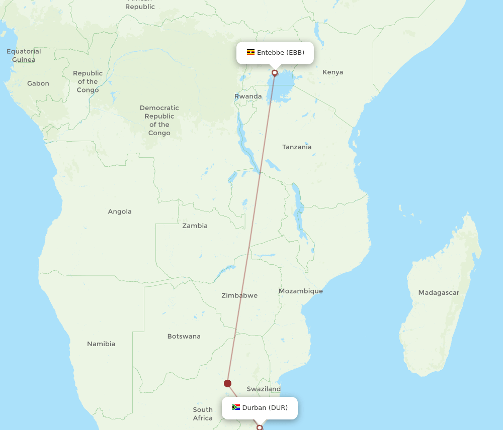 EBB to DUR flights and routes map