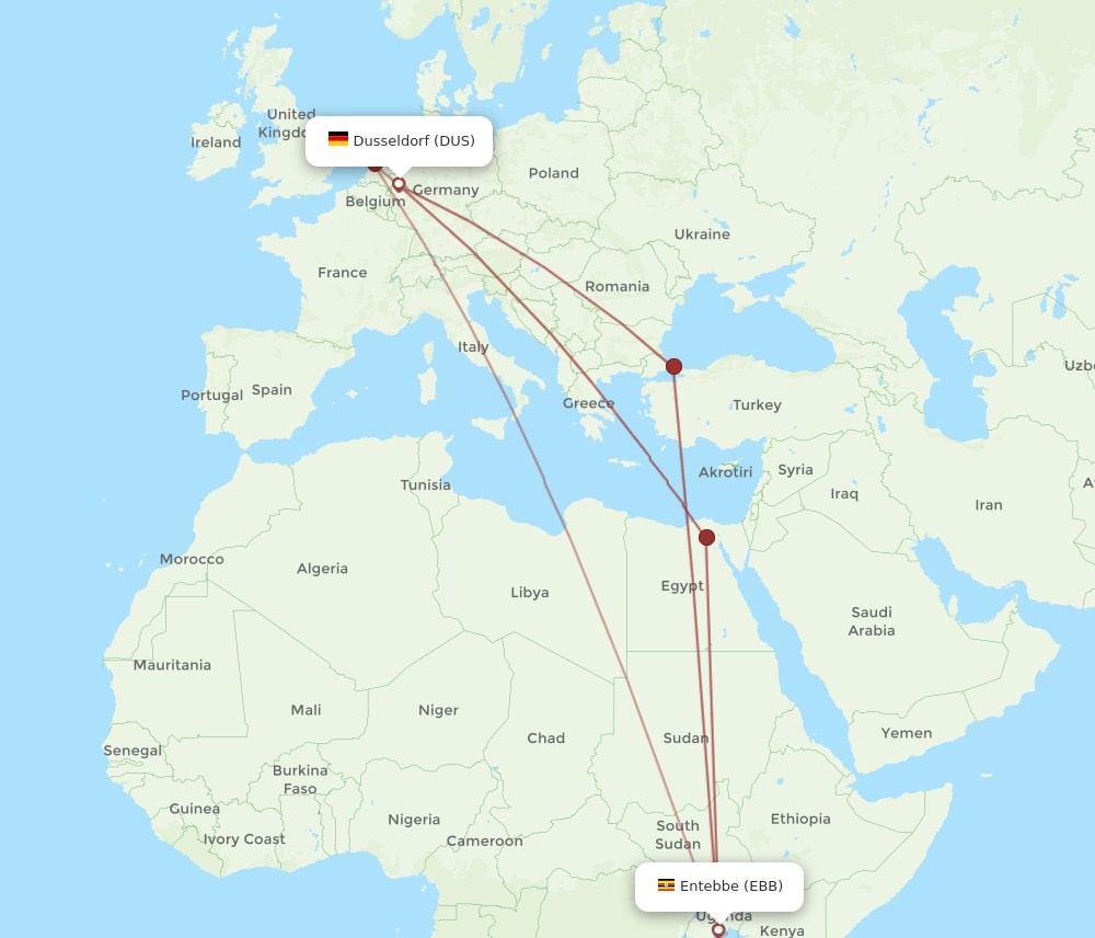 EBB to DUS flights and routes map