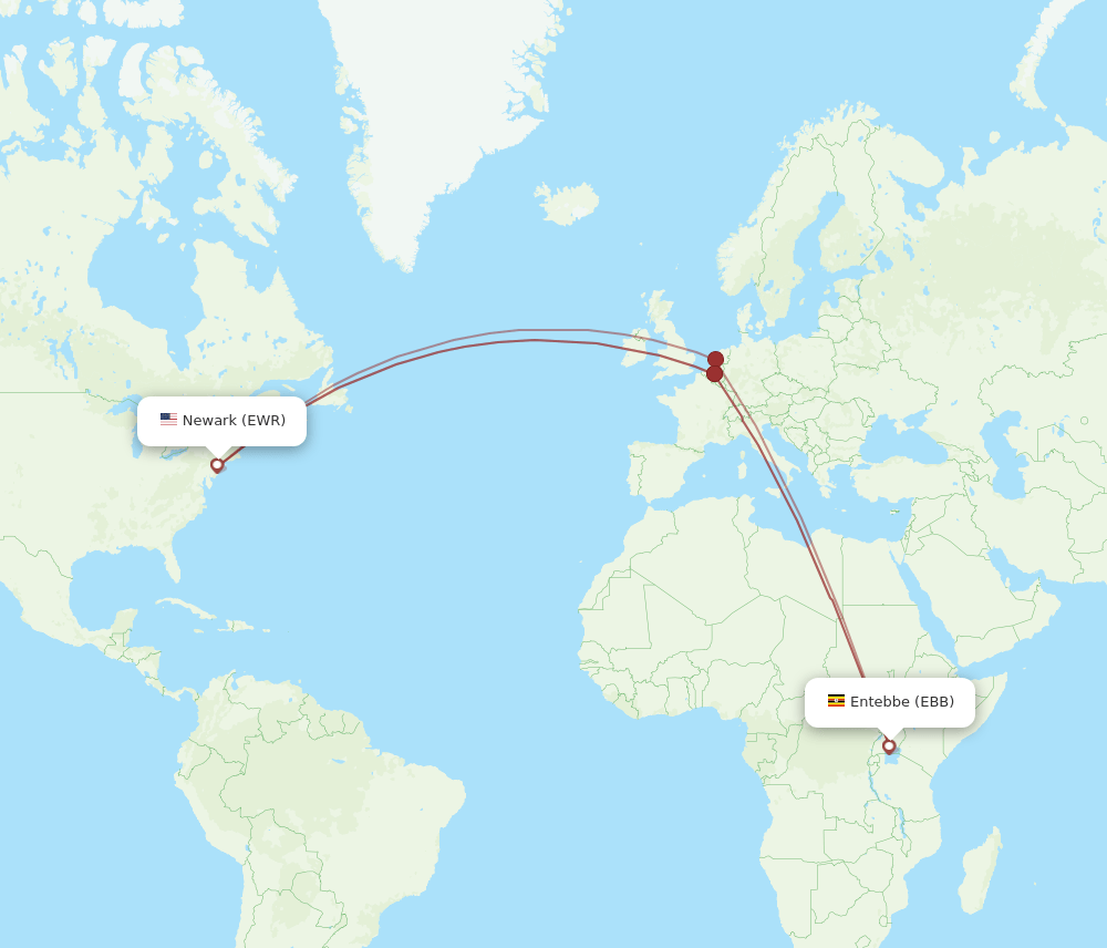 New York - Entebbe route map and flight paths