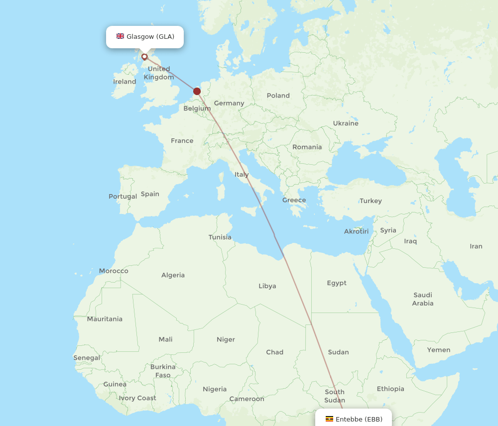 Glasgow - Entebbe route map and flight paths