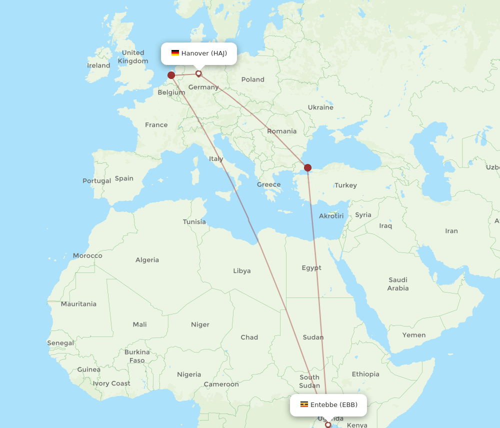 Hanover - Entebbe route map and flight paths