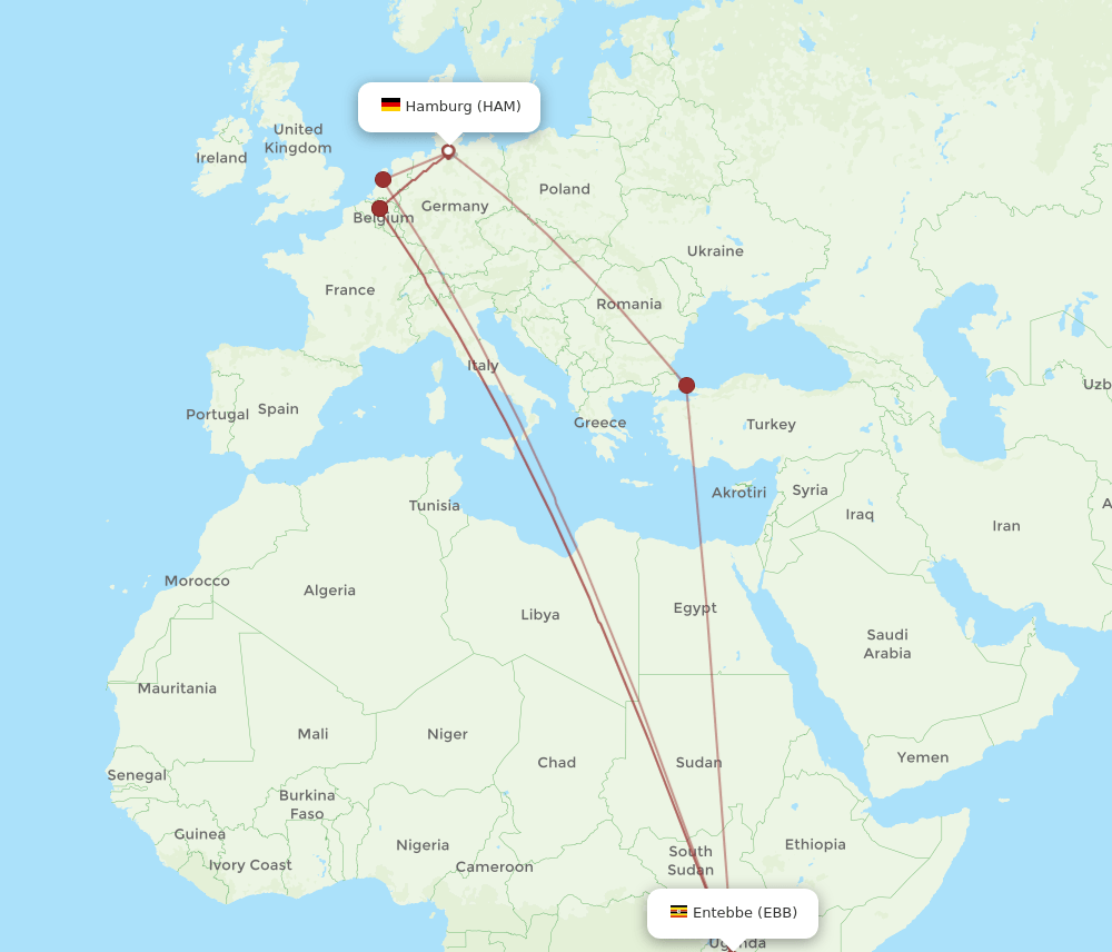 Hamburg - Entebbe route map and flight paths