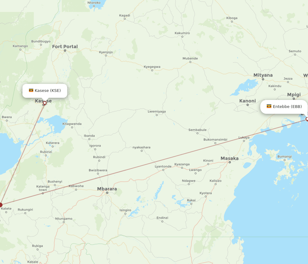 Kasese - Entebbe route map and flight paths
